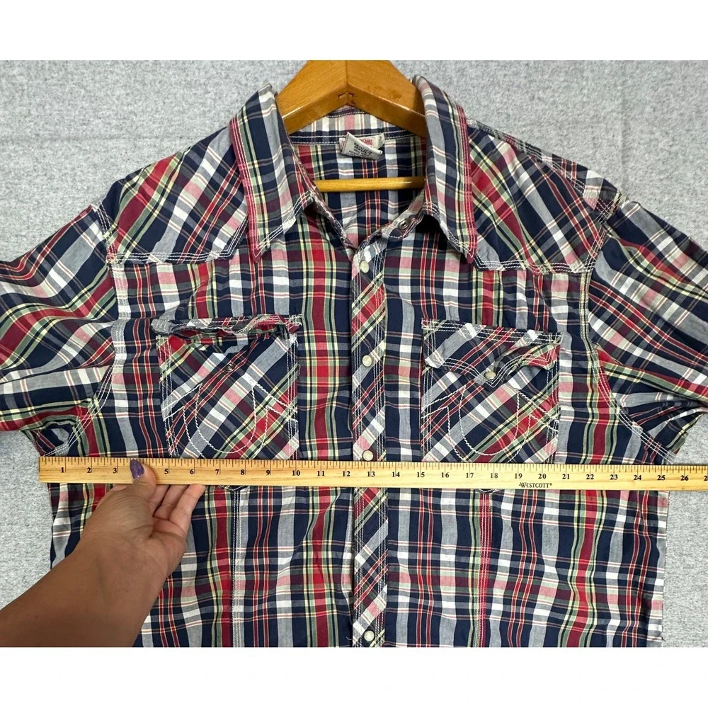 True Religion Western Shirt Mens XXXL Blue Red Plaid Pearl Snap Stitch